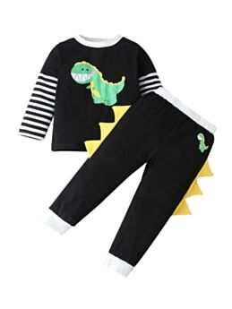 2 Pieces Kid Boy Dinosaur Black Set Stripe Top Matching Trousers