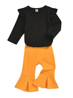 2 Pieces Baby Girl Set Black Bodysuit With Yellow Flared Pants