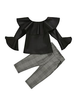 2 Pieces Kid Girl Off Shoulder PU Top Matching Plaid Trousers Set 