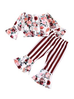 2 Pieces Kid Girl Floral Stripe Print Set Off Shoulder Crop Top With Flared Pants