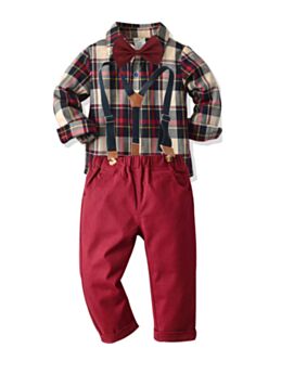 2 PCS Kid Boy Gentleman Set Plaid Bowtie Shirt Matching Suspender Trousers