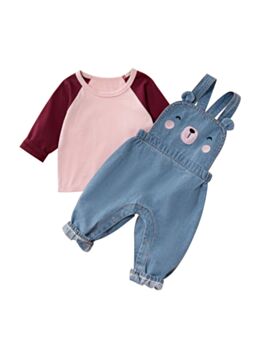 2 Pieces Baby Girl Set Color Blocking Top With Suspender Jeans