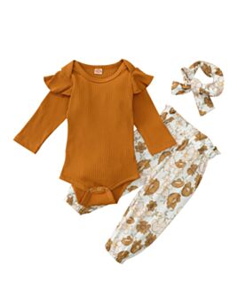 3 Pieces Baby Girl Outfit Ribbed Plain Bodysuit & Floral Trousers & Headband