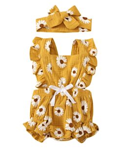 2 Pieces Baby Girl Daisy Flower Belted Romper With Headband