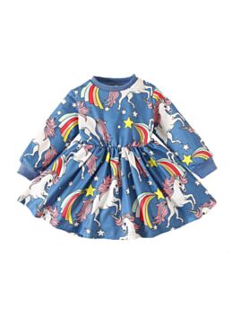 Kid Girl Unicorn Print Blue Dress