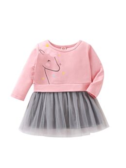 Baby Girl Unicorn Patched Mesh Sweatshirt Dress