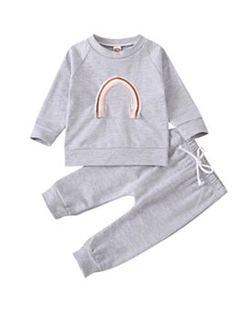 2 Pieces Baby Girl Casual Set Embroidery Rainbow Pants & Belted Pant In Gray