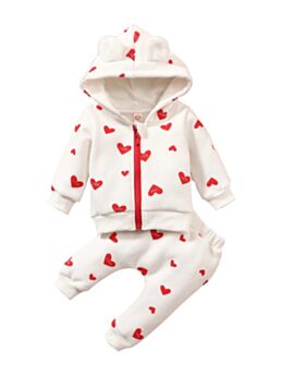 2 Pieces Baby Girl Valentine's Day Set Love Heart Hoodie Coat & Trousers