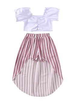 2 Pieces Kid Girl Crop Top Matching Hi Lo Hem Stripe Skirt Set