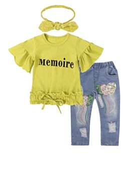 3 Pieces Kid Girl Memoire Top & Jeans & Headband Set