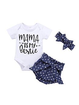 3 Pcs Baby Girl Set Mama Is My Bestie Set Bodysuit & Polka Dots Belted Shorts & Headband