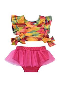 2 Pieces Baby Girl Tie Dye Flutter Sleeve Top With Mesh Shorts Set