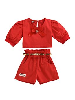 2 Pieces Little Girl Puff Sleeve Blouse Matching Belted Shorts Set