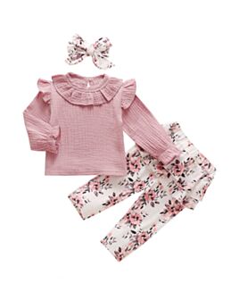 3 Pieces Baby Girl Ruffle Collar Muslin Top Flower Pants And Headband Set 