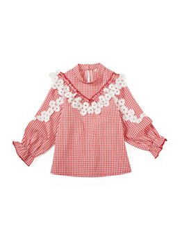 Kid Girl Flower Decor Red And White Plaid Shirt