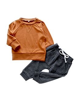 2 Pieces Baby Brown Top With Drawstring  Pants Set