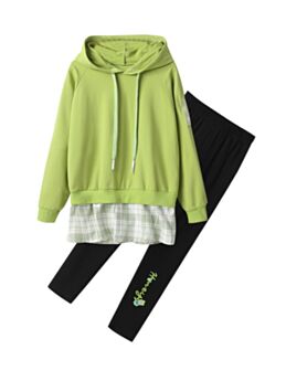 2 PCS Kid Girl Fake Two Pieces Hooded Sweatshirt Matching Legging Pants Set