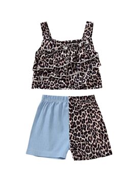 2 Pieces Baby Girl Leopard Set Ruffle Trim Cami Top And Hit Color Shorts