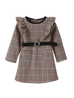 Kid Girl Houndstooth Ruffle Trim Belted Dress