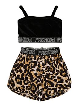 2 Pieces Kid Girl Fashion Leopard Set Crop Cami Top And Shorts