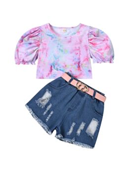 2 PCS Kid Girl Puff Sleeve Tie Dye Top And Belted Denim Shorts Set