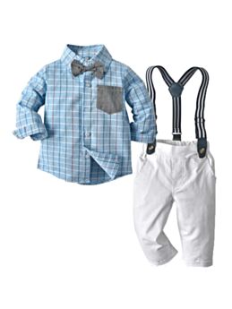 2 Pieces Gentleman Boy Suits Bowtie Checked Top And White Suspender Pants Set