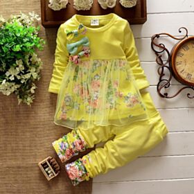 9M-4Y Bowknot Floral Mesh Long Sleeve Candy Color Dress And Pants Set Two Pieces Wholesale Kids Boutique Clothing KSV492089