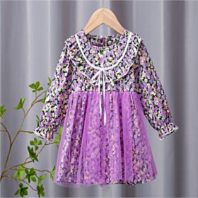 2-7Y Floral Print Mesh Long Sleeve Wide Collar Dress Wholesale Kids Boutique Clothing KDV492103