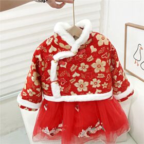 18M-7Y Red Thicken Floral Cheongsam Embroidery Long Sleeve Tops Mesh Skirt Dress Wholesale Kids Boutique Clothing KKHQV492311