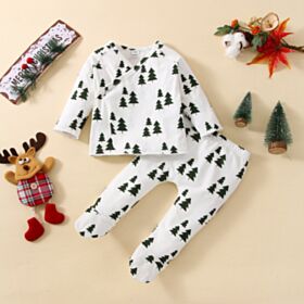 3-9M Christmas Tree Print Long Sleeve White Tops And Pants Set Two Pieces Baby Wholesale Clothing KSV492399