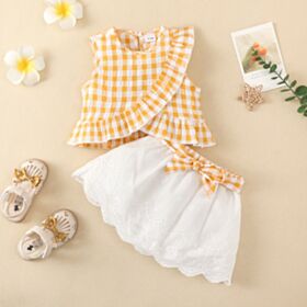 3M-6Y Lotus Sleeveless Vest Tops And Lace White Bowknot Skirt Set Two Pieces Wholesale Kids Boutique Clothing KSV492416