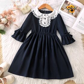 7-12Y Lace Collar Lotus Sleeve Deepblue Long Dress Wholesale Kids Boutique Clothing KKHQV492496