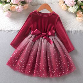 18M-6Y Red Gold Velvet Bowknot Shiny Star Print Dress Wholesale Kids Boutique Clothing KKHQV492495