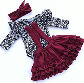 9-24M Leopard Lotus Sleeve Romper And Suspender Pleated Skirt Set Baby Wholesale Clothing KSV492793