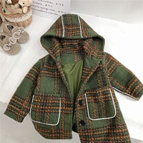 18M-6Y Plaid Knitwear Button Wool Long Jacket With Hat Wholesale Kids Boutique Clothing KCV493042