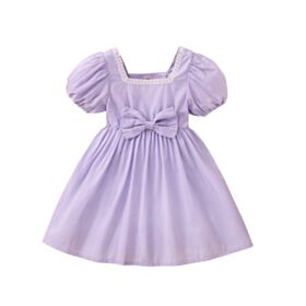 18M-6Y Toddler Girls Puff Sleeve Bow Knot Short Sleeve Dress Wholesale Girls Clothes KDV388621
