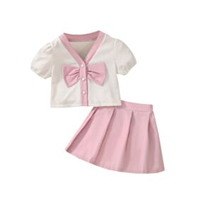 18M-6Y Toddler Girls Bow Top & Solid Color Skirt Set Wholesale Girls Fashion Clothes KSV388617