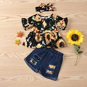6M-3Y Sunflower Print Lotus Sleeve Tops And Shorts Jeans Set Baby Wholesale Clothing KSV493310
