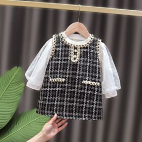 9M-3Y Pearl Button Bubble Mesh Sleeve Plaid Dress Baby Wholesale Clothing KDV493616