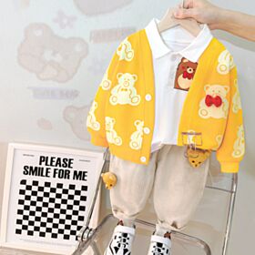 9M-4Y Bear Texture Print Knitwear Cardigan And Stirpe Woolen Pants Set Wholesale Kids Boutique Clothing KSV493170