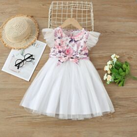 3-7Y Mesh Flying Sleeve Flower Bowknot Pleated Dress Wholesale Kids Boutique Clothing KDV493521