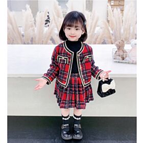 2-8Y Kids Girls Sets Long-Sleeved Plaid Single-Breasted Top And Pleated Skirt Wholesale Kids Clothing Suppliers KSV591010