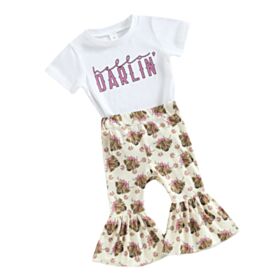 9M-4Y Toddler Girl Sets Short-Sleeved Letter Top And Cartoon Cow Head Print Flared Pants Wholesale Little Girl Clothing KSV591834