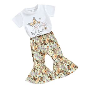 18M-6Y Toddler Girl Sets Short-Sleeved Cartoon Glasses Butterfly Print Top And Flared Pants Wholesale Girls Clothes KSV591795