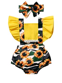 2 Pieces Sunflower Ruffle Sleeve Backless Baby Girl Suspender Bodysuit And Headband