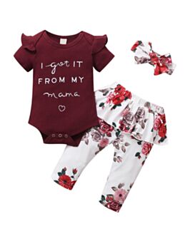 3 Pieces Baby Girl I Got It From My Mama Flutter Sleeve Bodysuit & Floral Skirt Pants & Headband Set