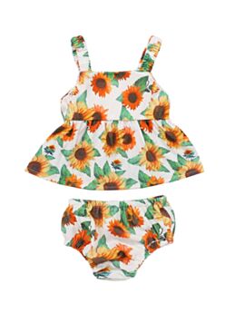 2 PCS Infant Girl Sunflower Printing Set Peplum Cami Top And Shorts
