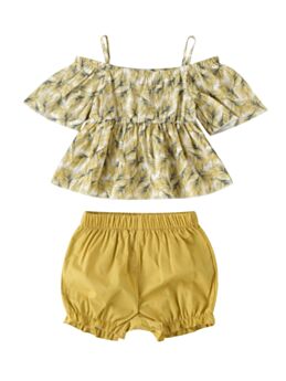 2 Pieces Baby Girl Leave Printing Off Shoulder Top And Shorts Set