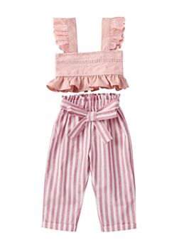 2 Pieces Little Girl Flounce Hem Cami Top And Stripe Belted Trousers Set