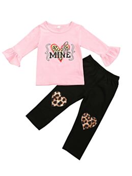 2 Pieces Kid Girl Mine Love Heart Leopard Set Top And Pants